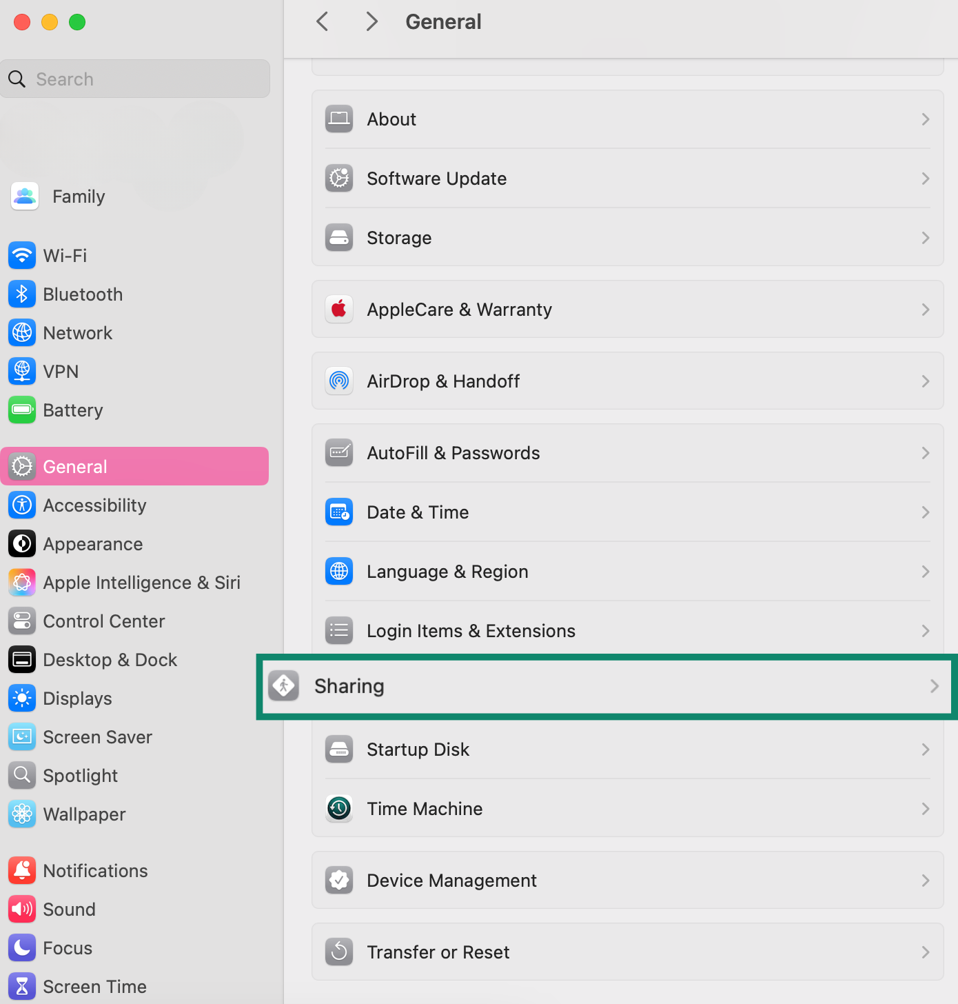Mac system settings showing how to navigate to Sharing options under General to disable file sharing.