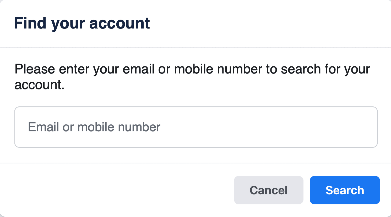 Facebook account search page using email address or phone number.