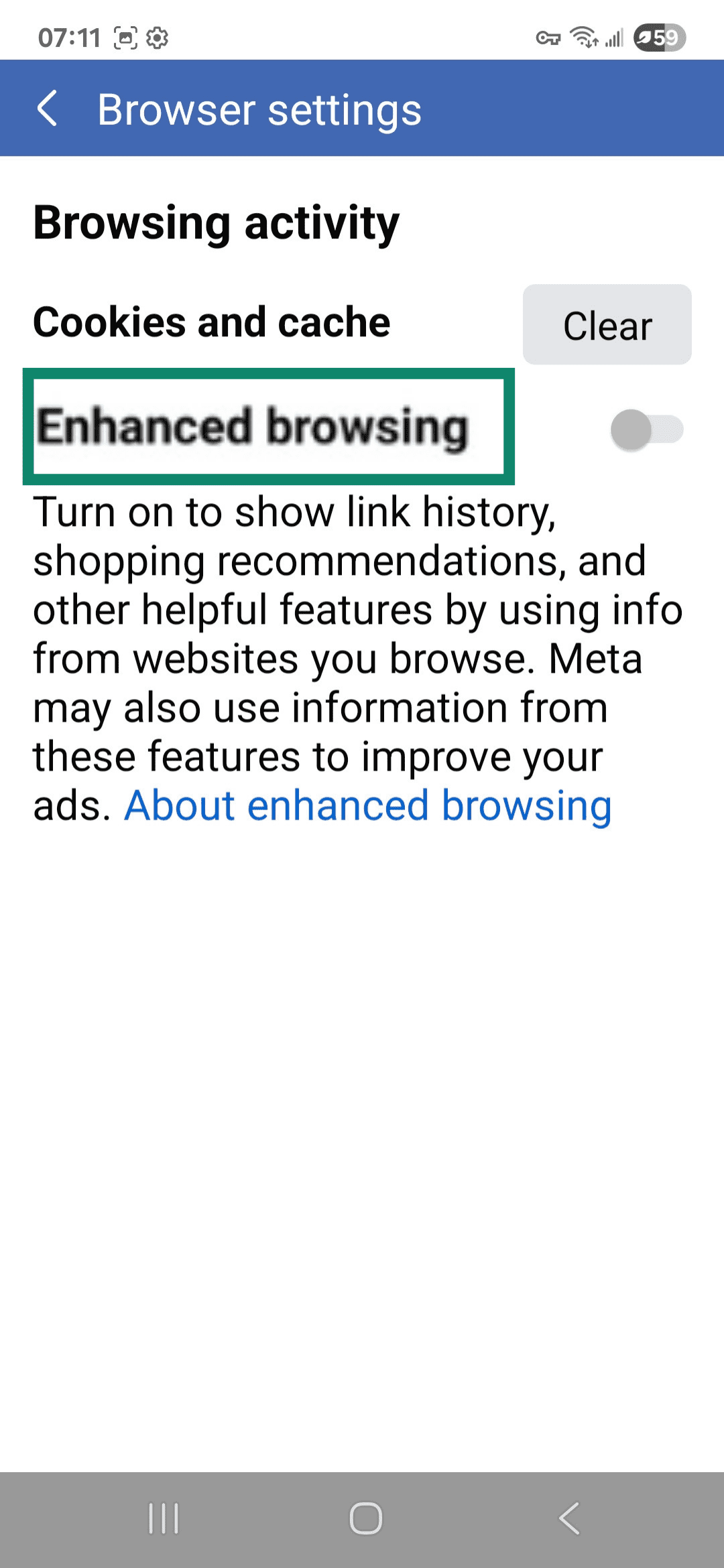 Facebook mobile app Browser settings with the Enhanced browsing toggle highlighted.