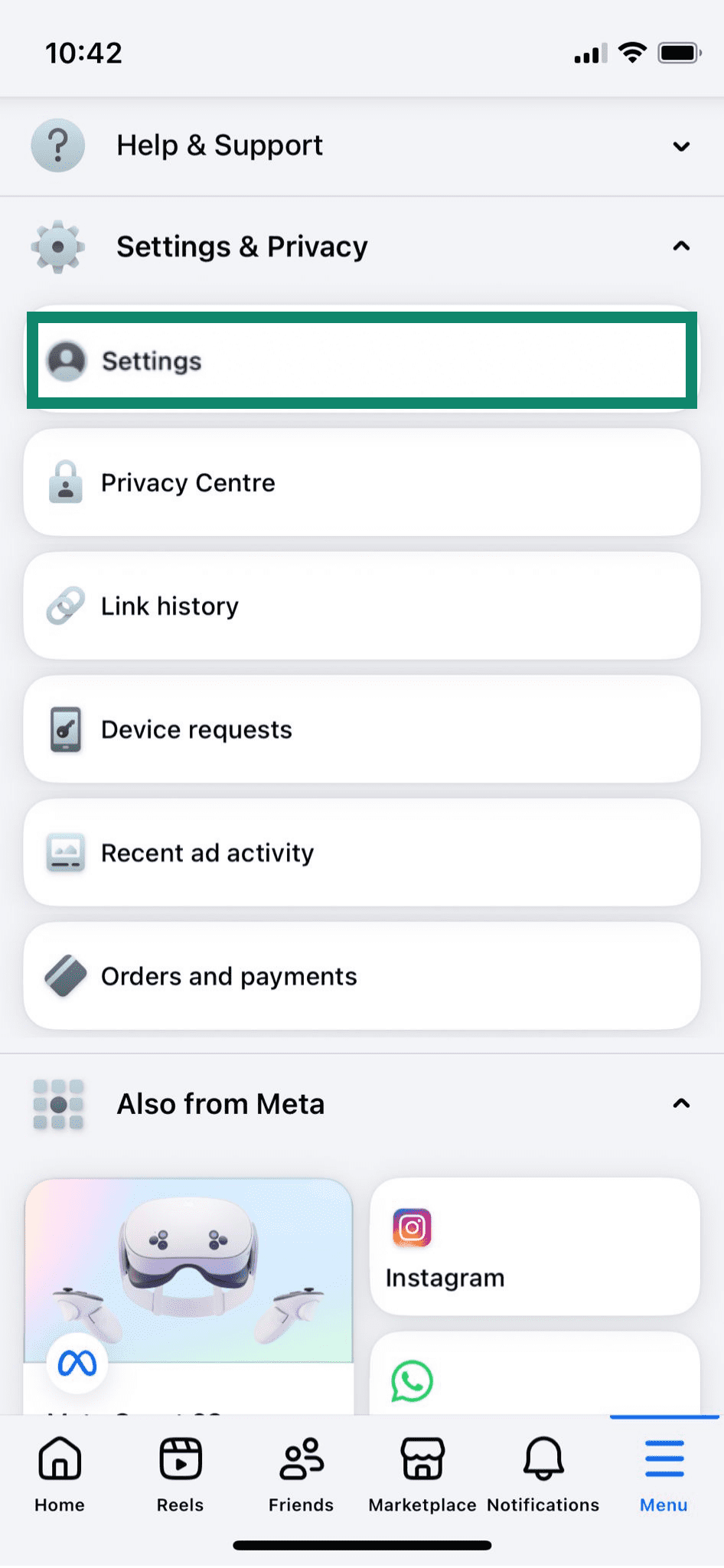 The Facebook settings on iOS.