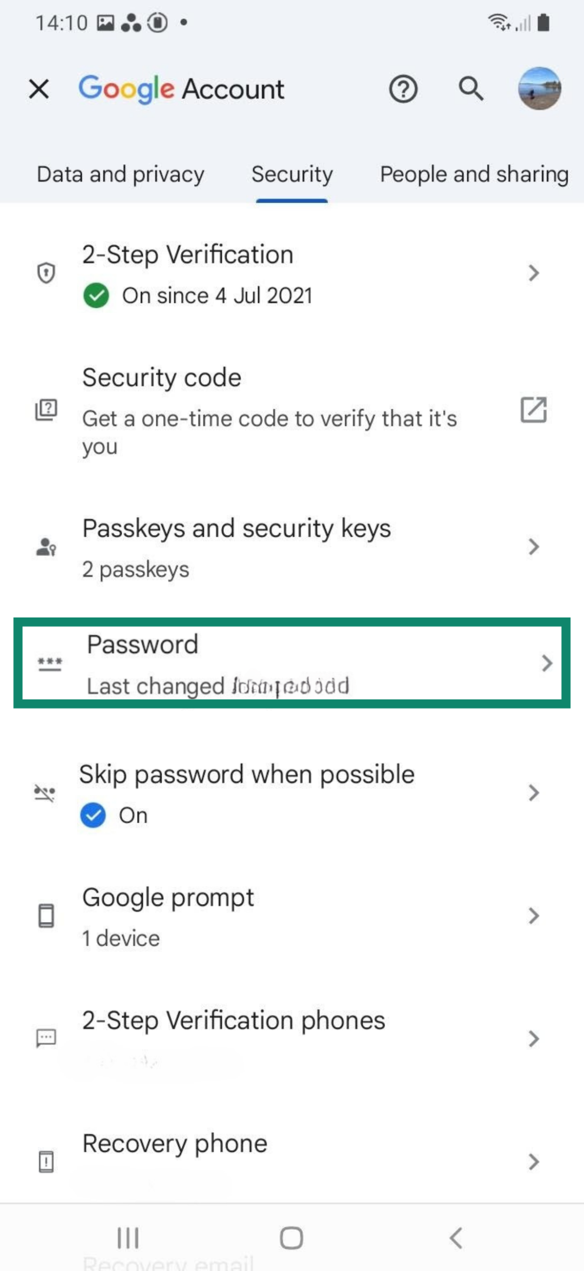 Password setting for Google account on an Android.