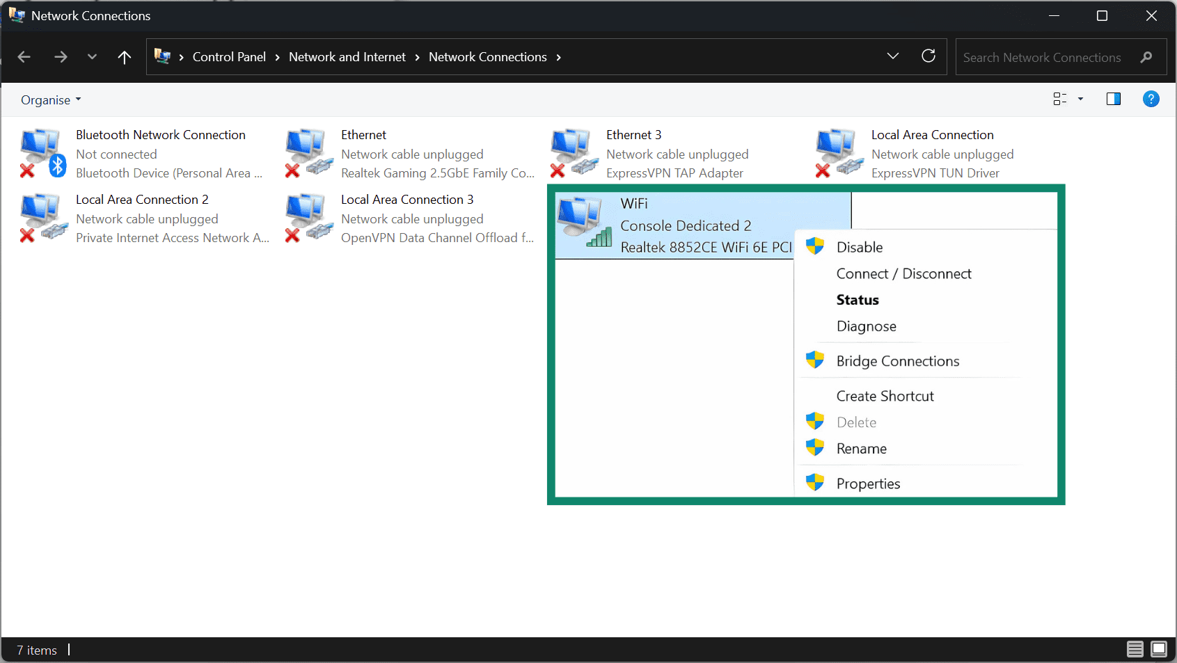 In the Change adapter settings, access the properties of your currently active network connection.