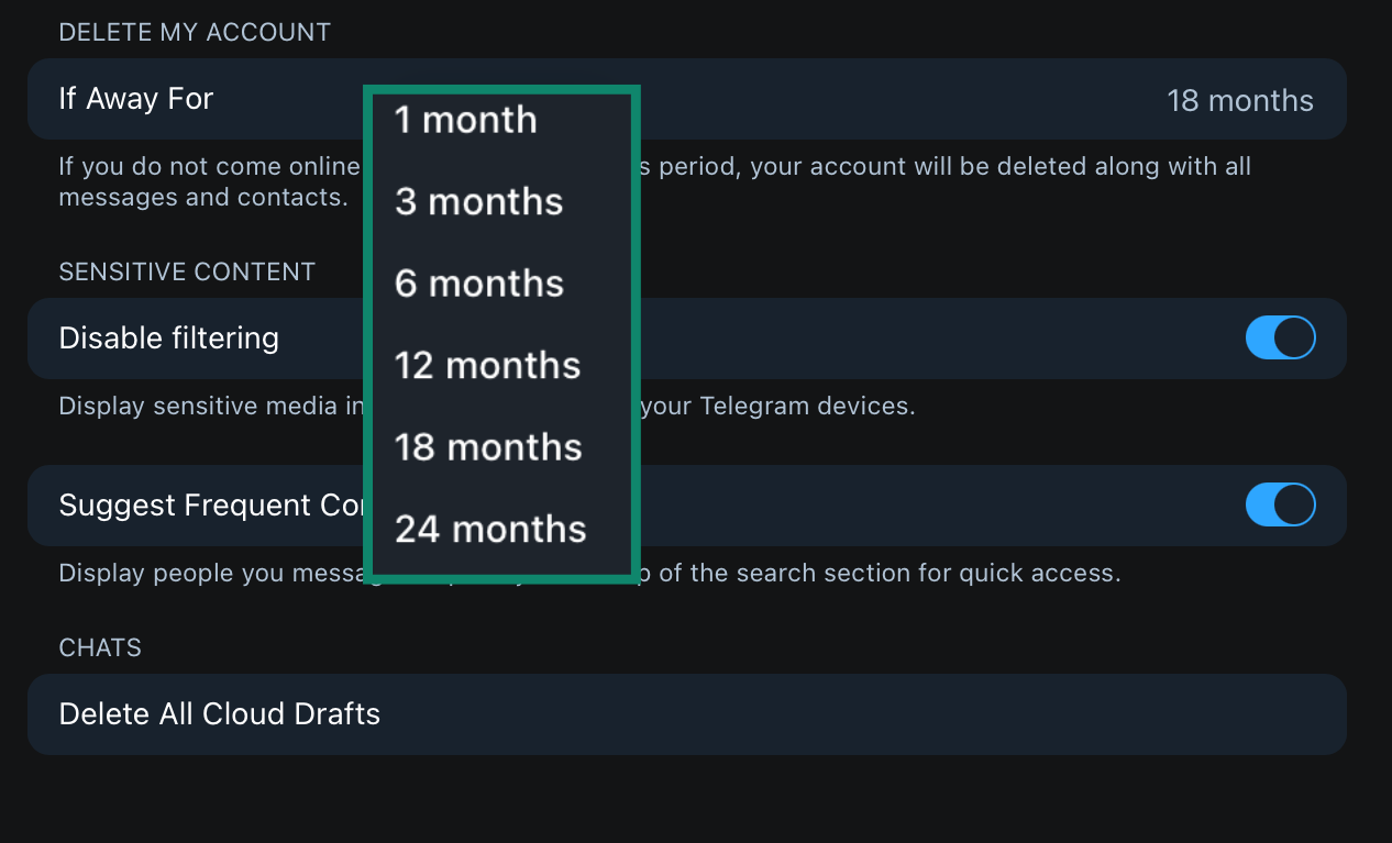 Choosing Telegram's self-destruct timer.