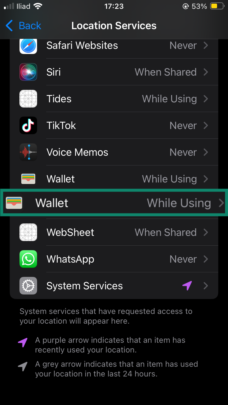 Location Services screen with the "Wallet" app highlighted.
