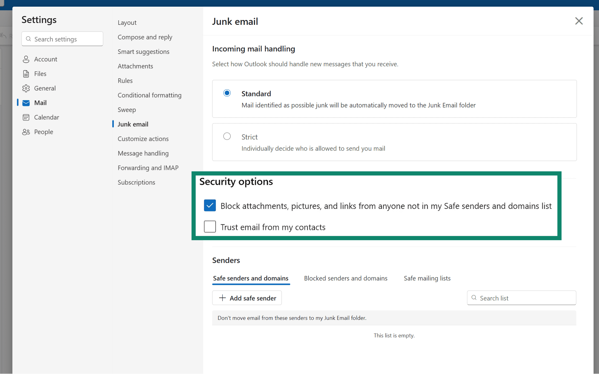 Outlook Junk email settings, showing how to block attachments, pictures, and links from unknown senders.