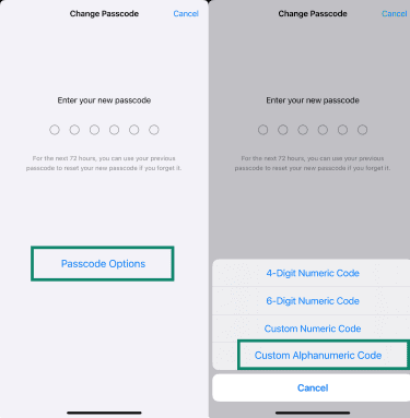 iPhone Change Passcode screen with Passcode Options and Custom Alphanumeric Code highlighted.
