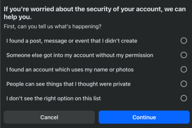 Facebook hack reporting page with options to indicate hack suspicions.