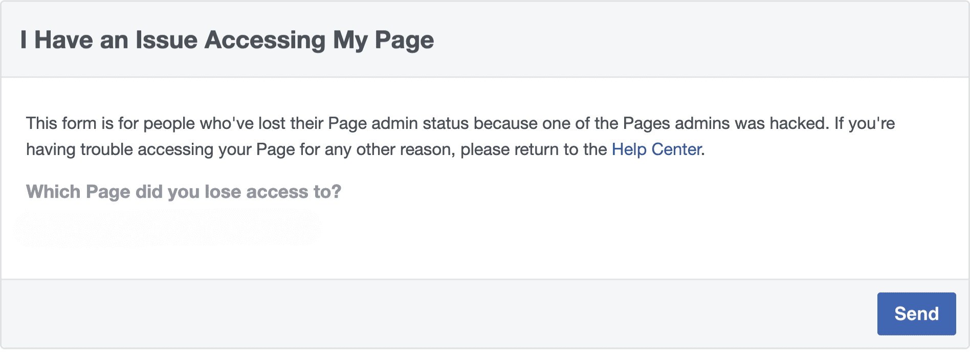 Facebook’s support page for page admins who have been locked out of their pages.