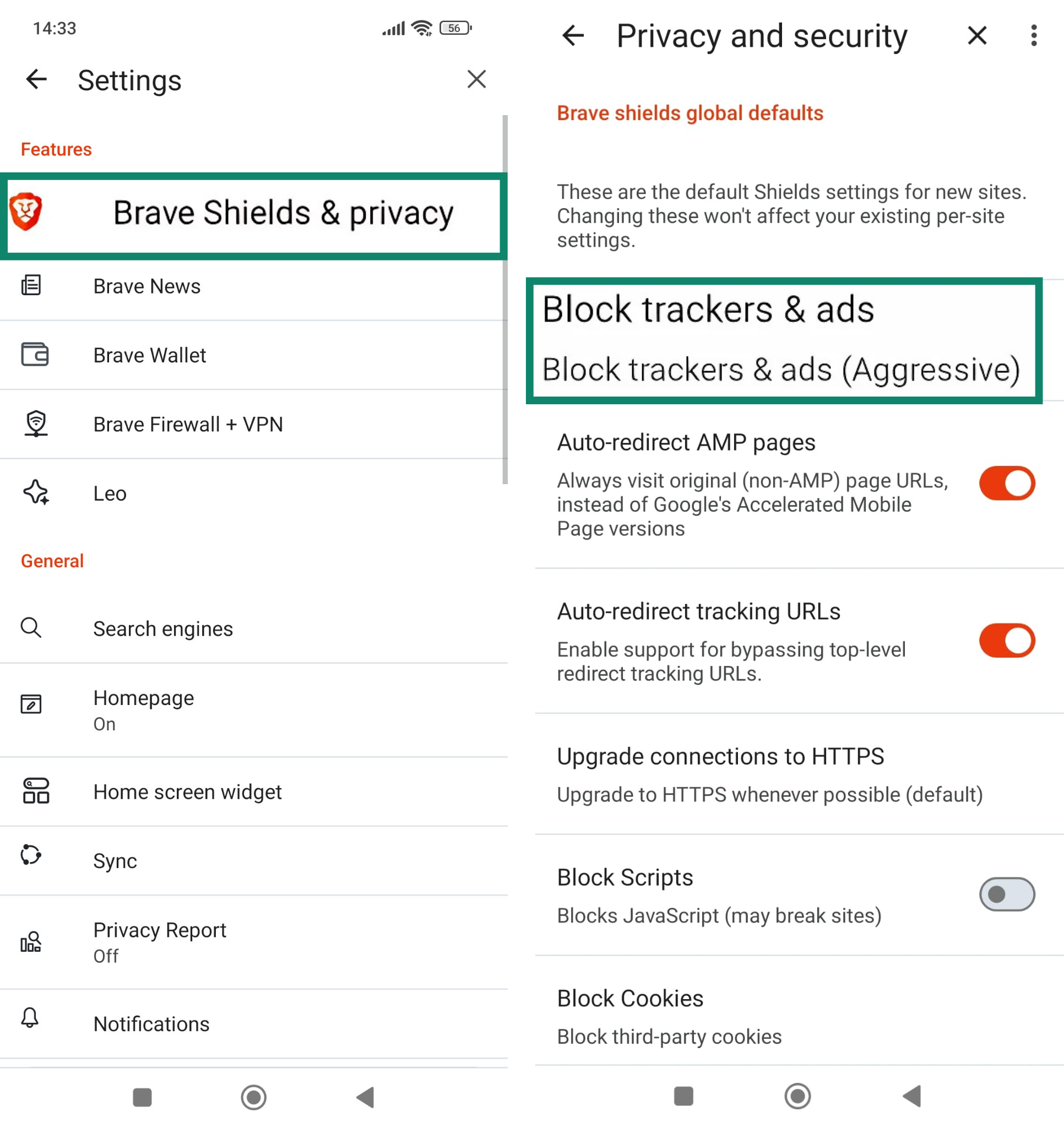 Brave browser privacy settings to block ads and trackers on Android.