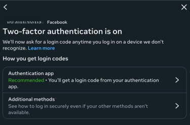 Facebook 2FA options.