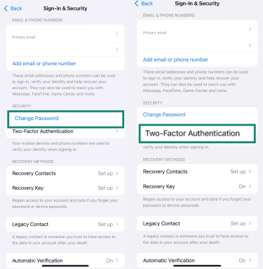 iPhone Sign-In & Security settings with Change Password (left) and Two-Factor Authentication (right) highlighted