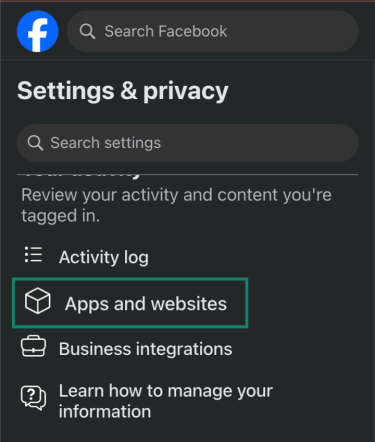 Facebook settings with Apps and websites option highlighted.