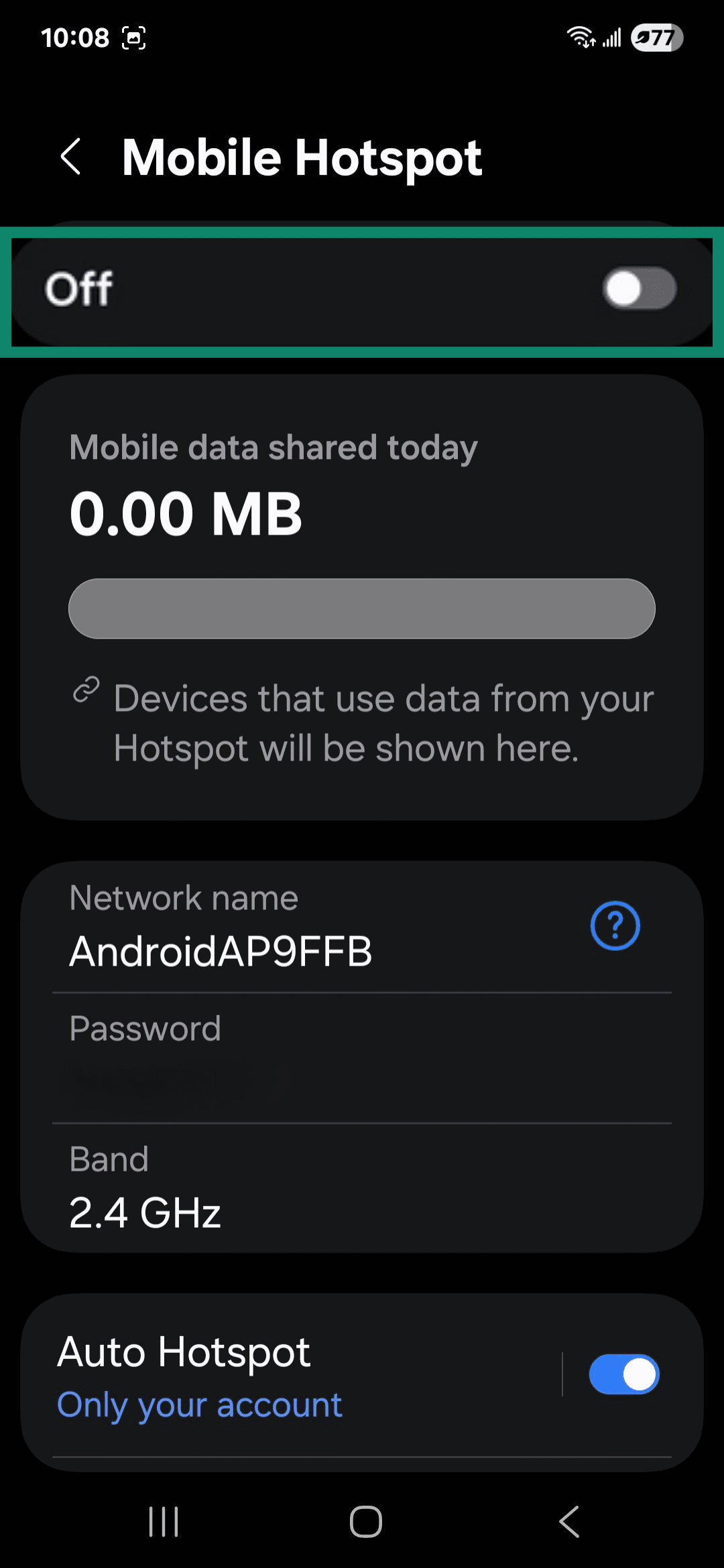 Android Mobile Hotspot settings.