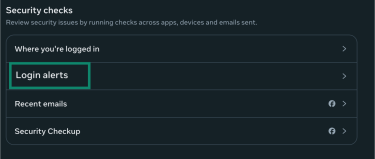 Facebook settings page with Login alerts highlighted.