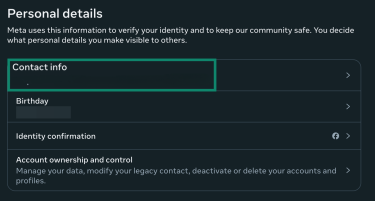 Contact info highlighted in Facebook settings.