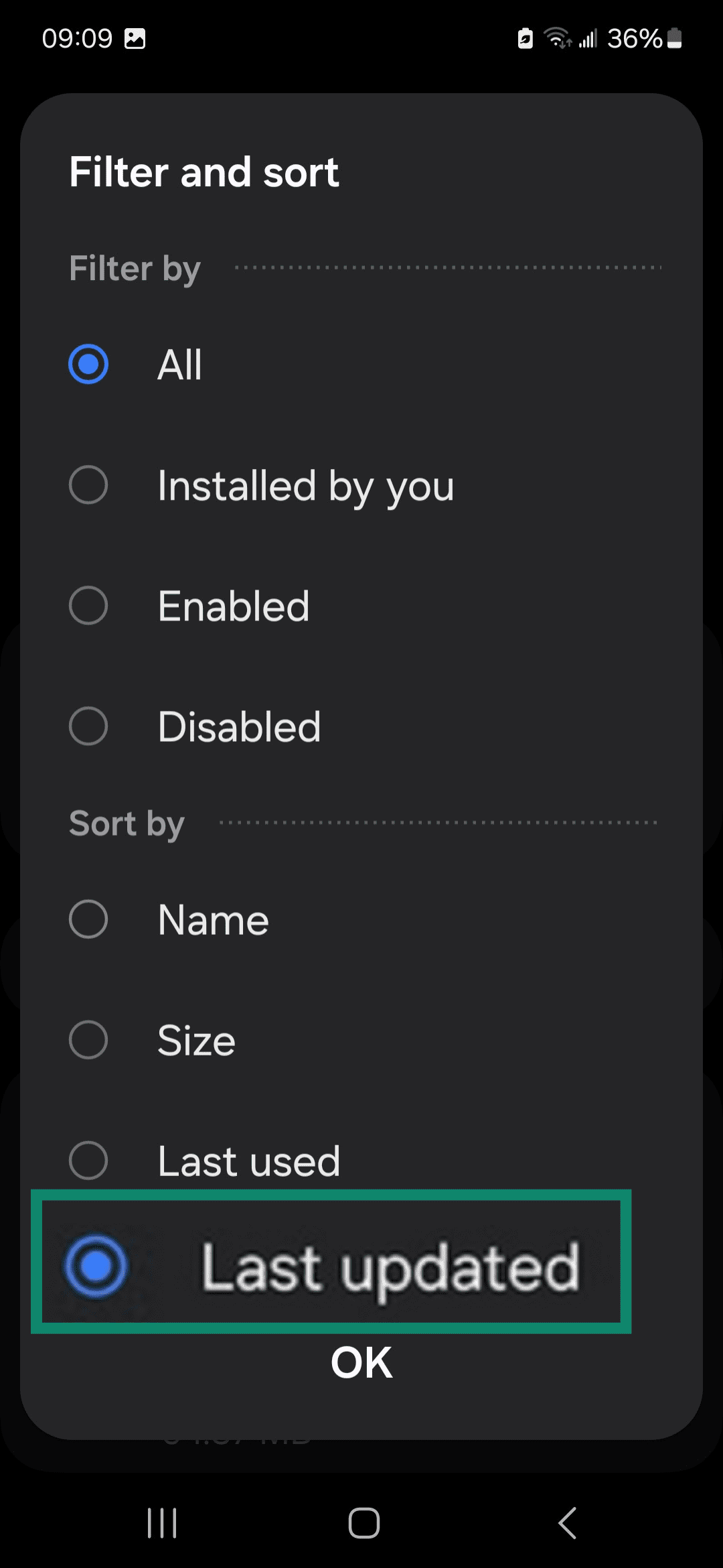 Android apps list showing the sorting options with "Last updated" highlighted.