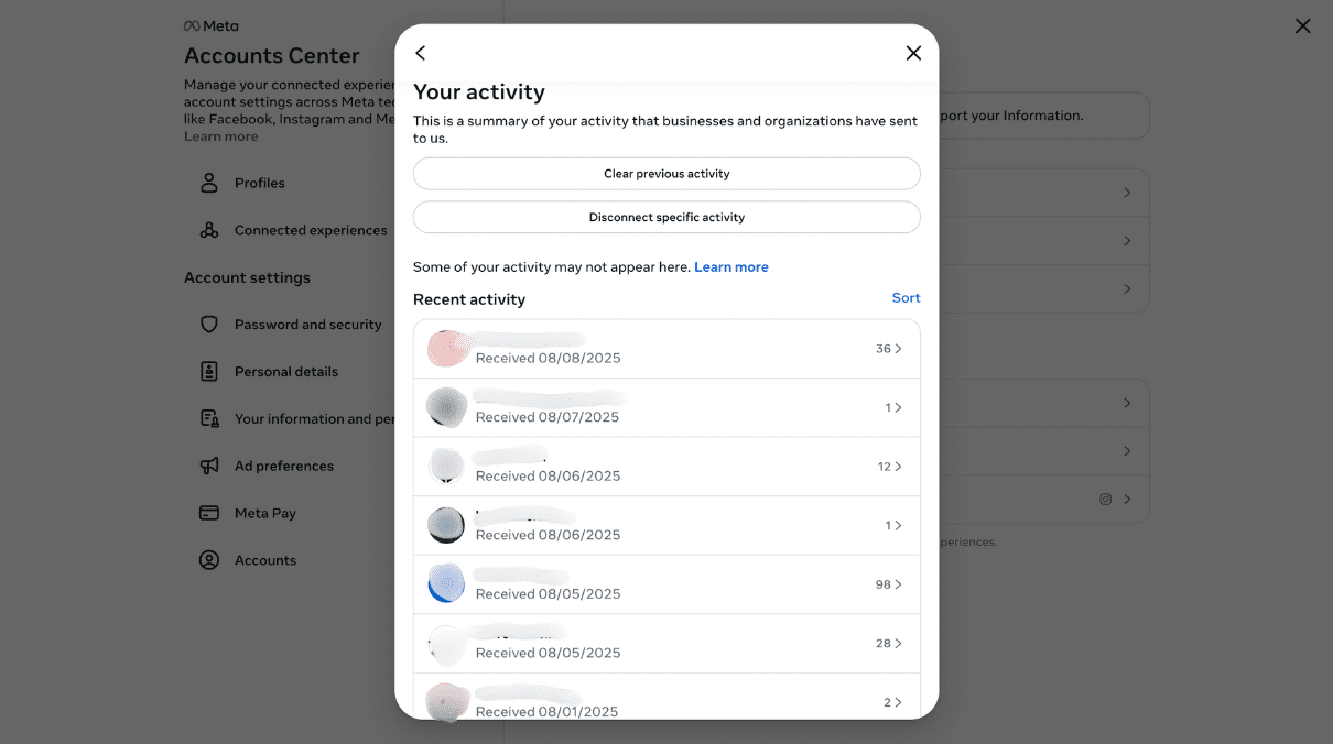 Your activity panel in Facebook’s Accounts Center showing a list of recent activity from various websites and services.