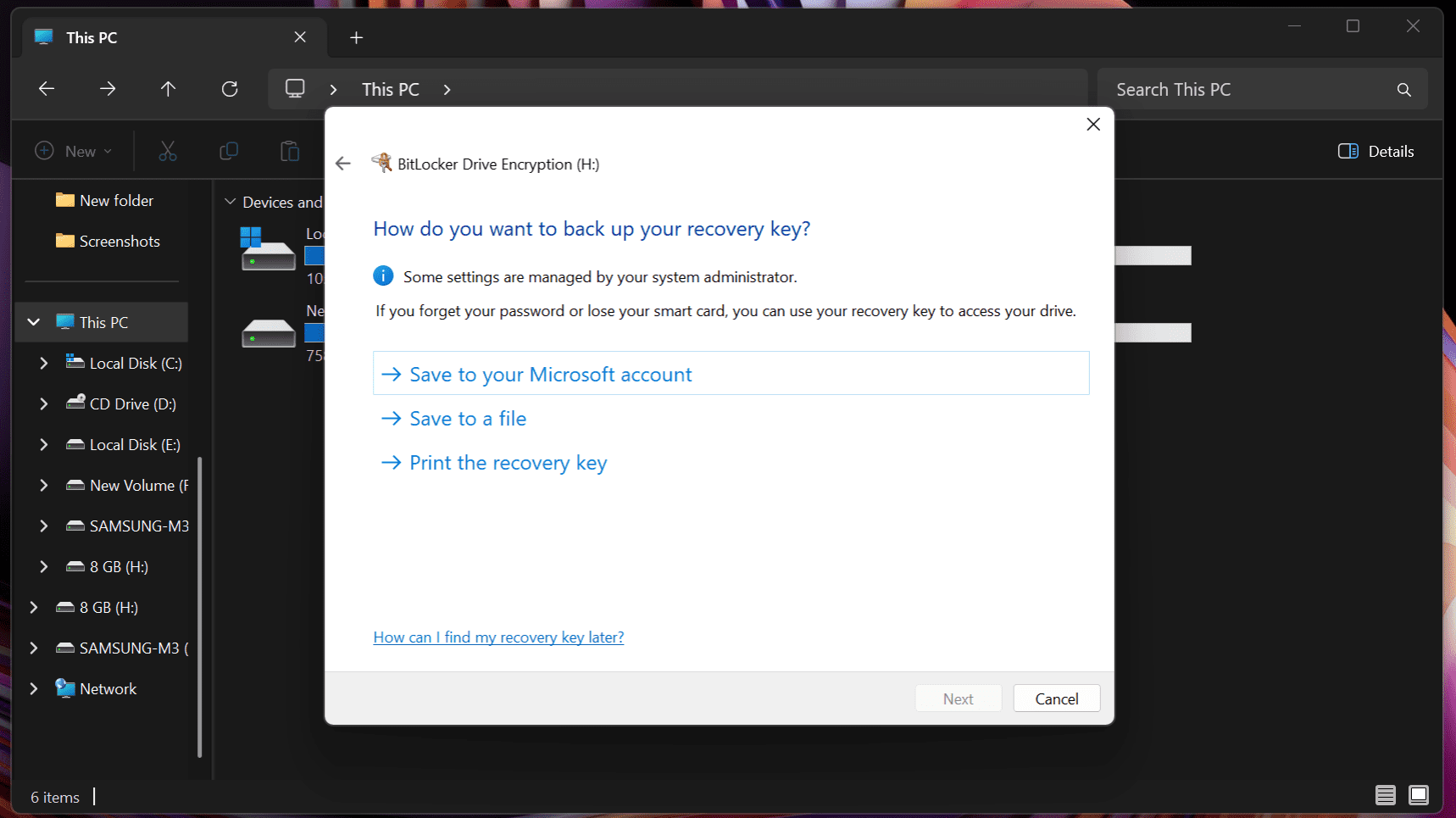 BitLocker screen for backing up a recovery key.