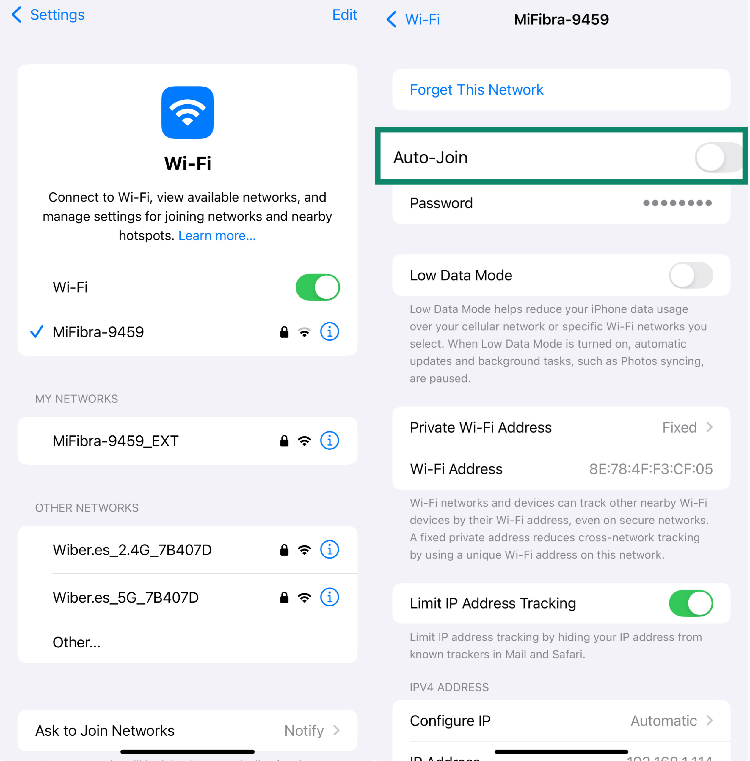 iOS screen showing Wi-Fi network.