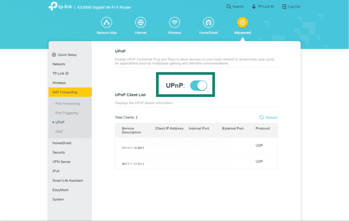 Router advanced settings showing Universal Plug-n-Play toggle