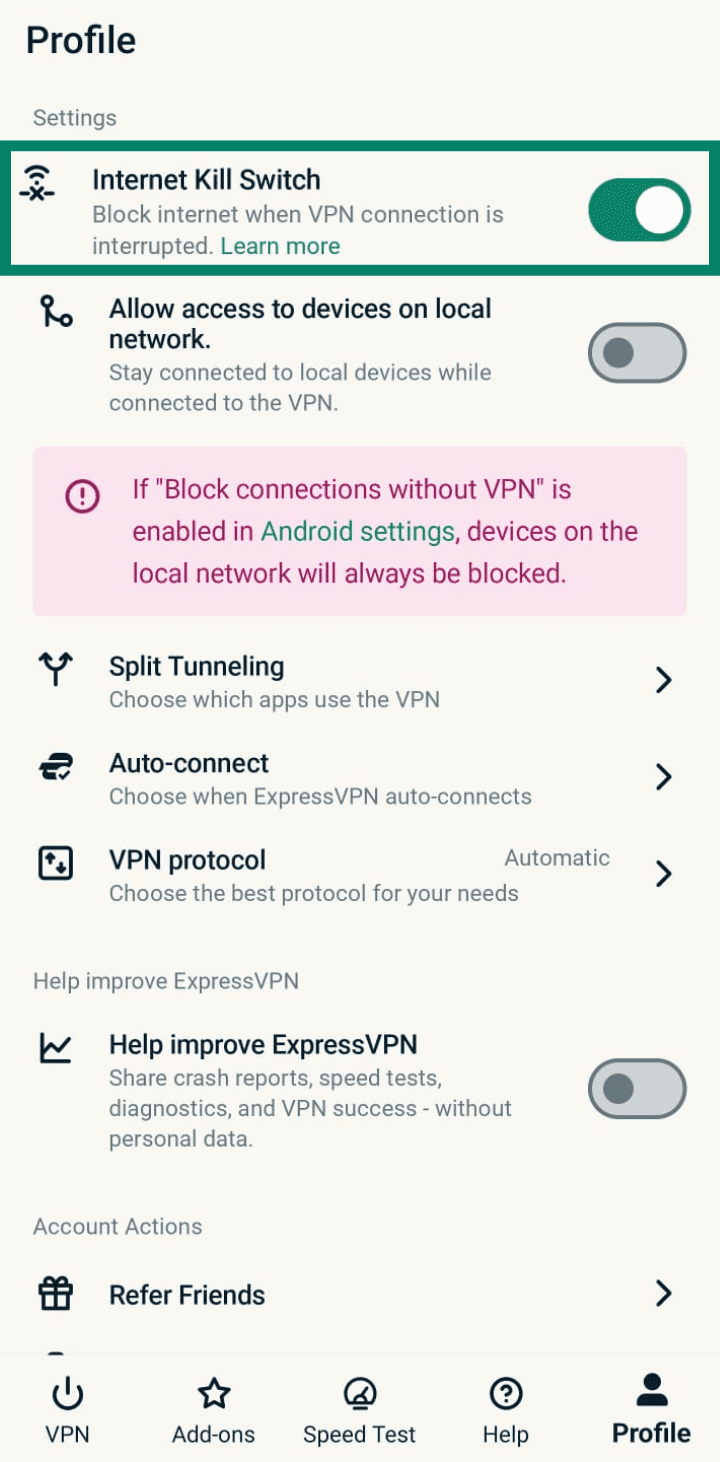 ExpressVPN Android app interface displaying the Profile tab with Internet Kill Switch toggled on.