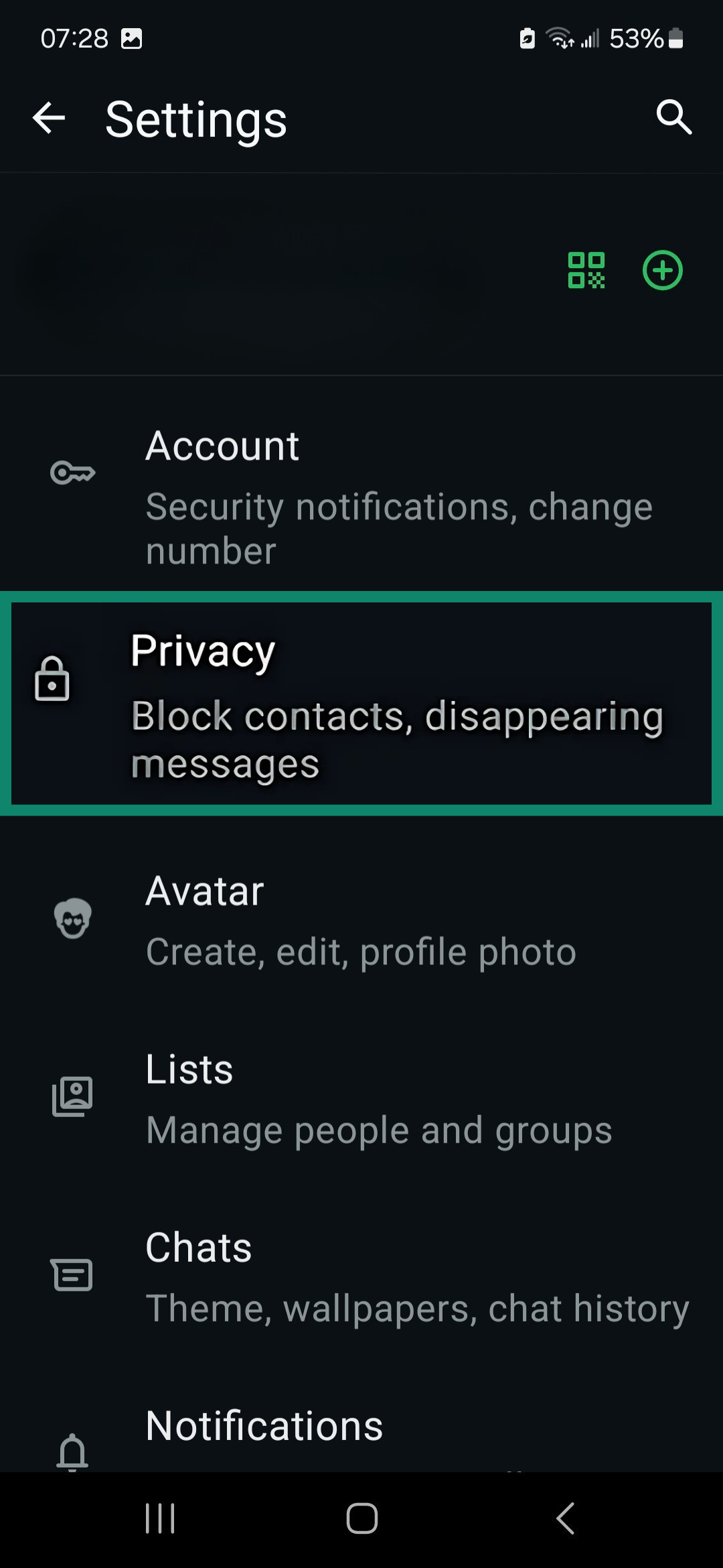 WhatsApp Settings menu highlighting Privacy.