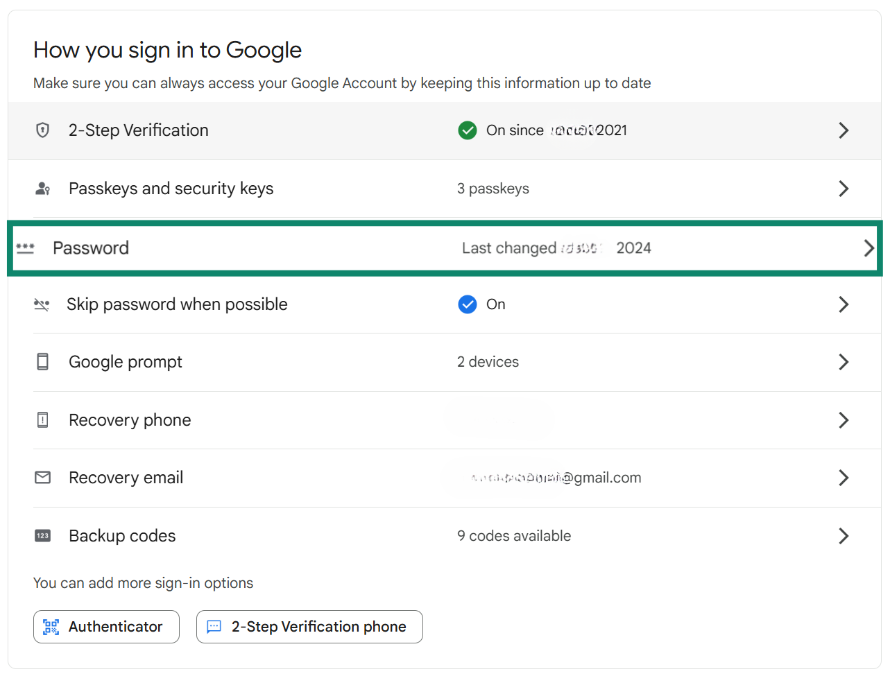 Screenshot of the “How you sign in to Google” section, highlighting the password settings with the last changed date in 2024.