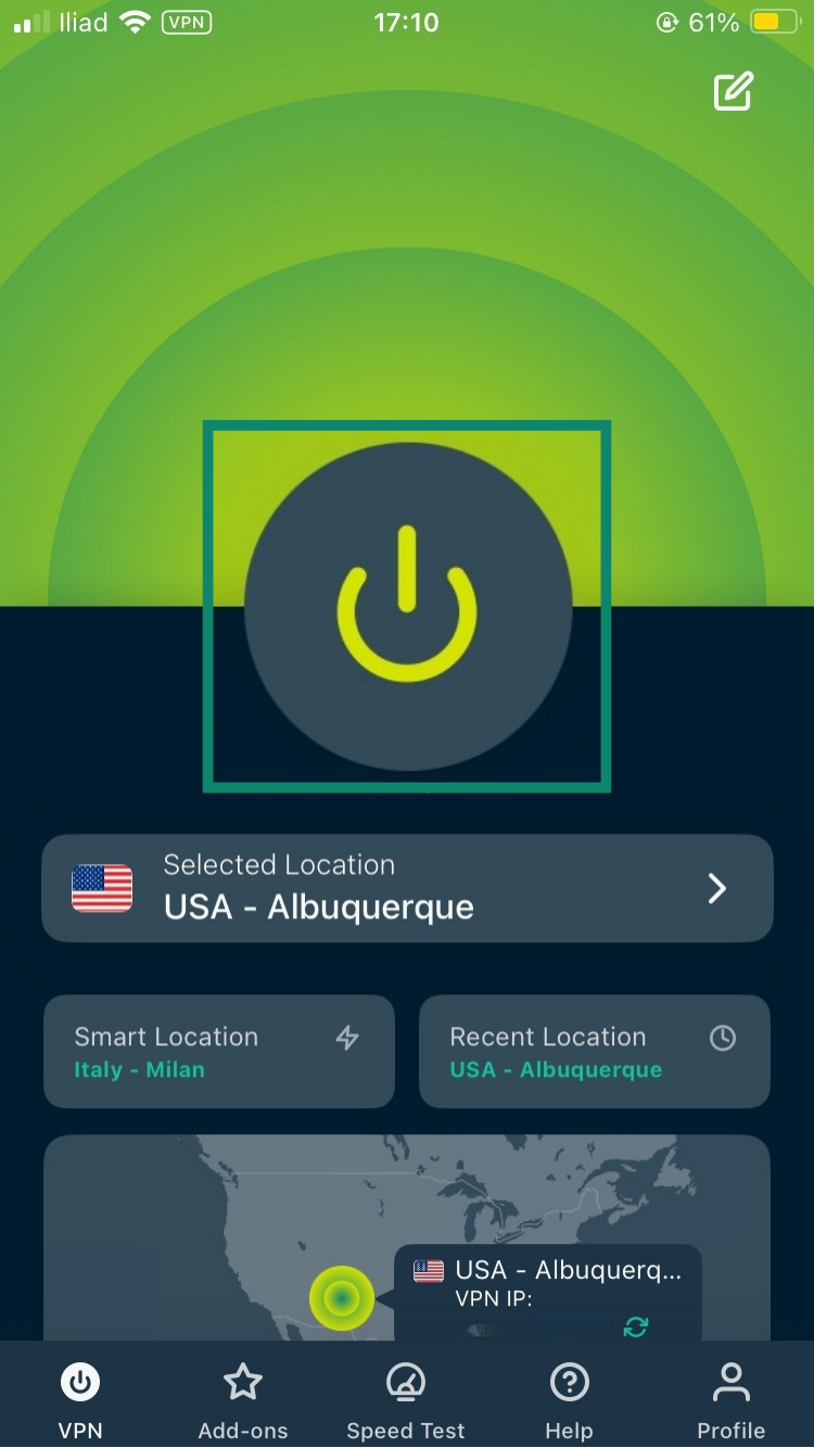 ExpressVPN's home manu with an active connection.