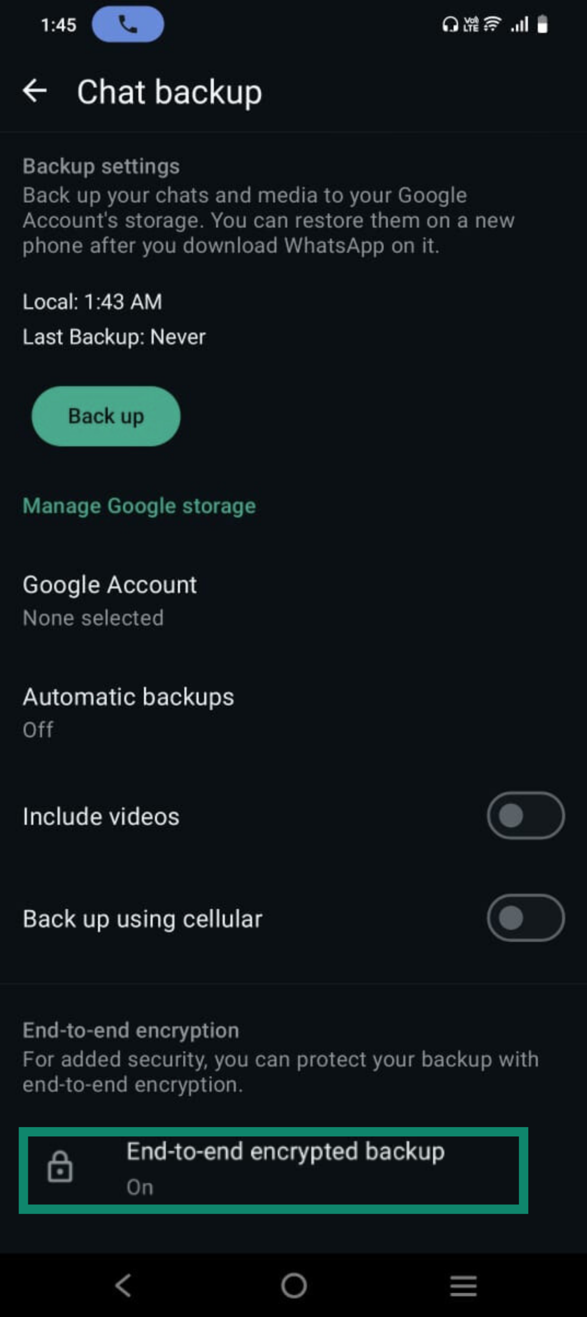 WhatsApp Chat backup screen with encryption option highlighted