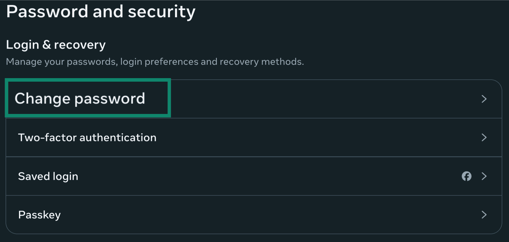 Password and security settings with Change password highlighted.