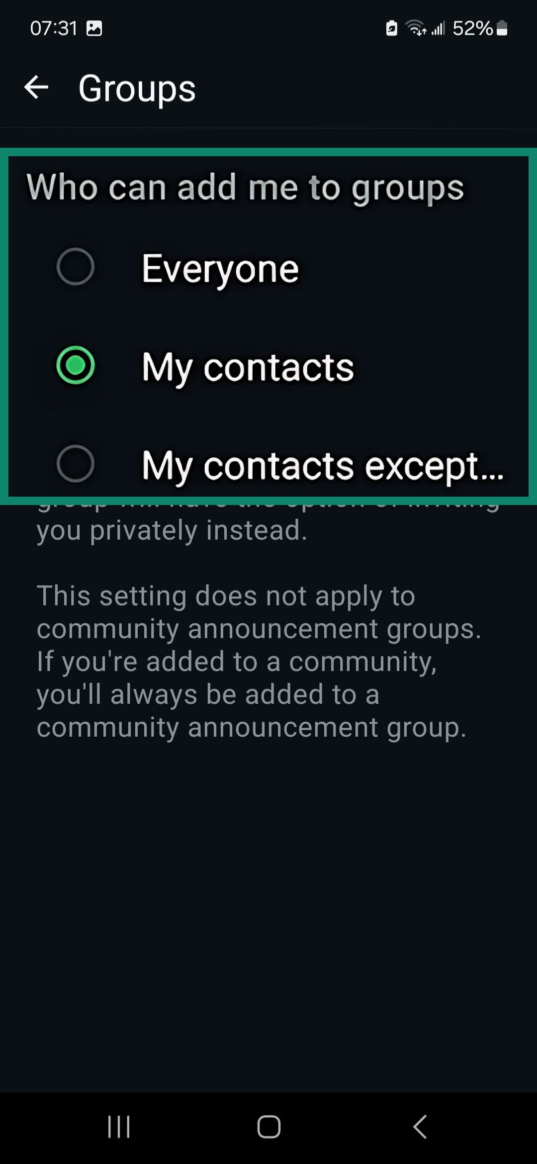 WhatsApp Groups settings highlighting preferences for Who can add me to groups.