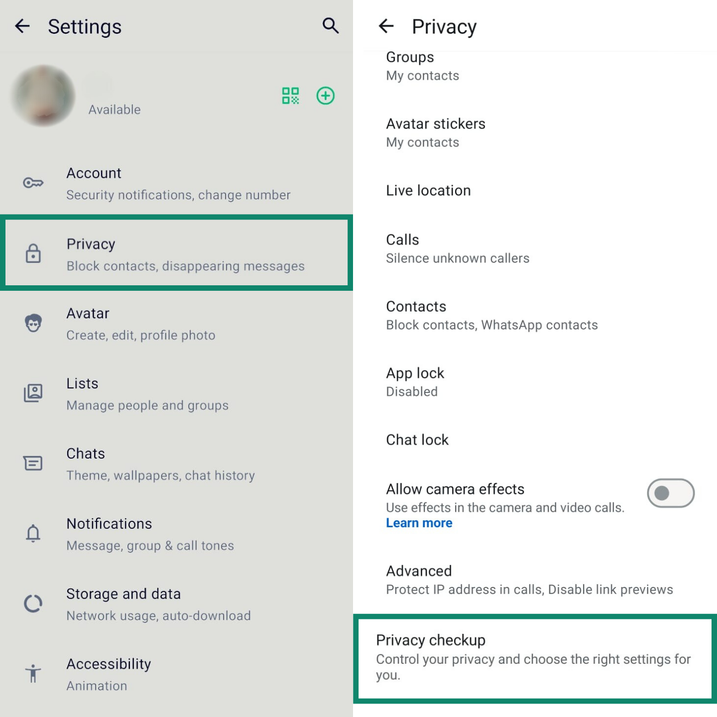 Two side-by-side screenshots showing how to find the Privacy Checkup feature. The first shows the ‘Privacy’ menu selected from Settings. The second shows the ‘Privacy checkup’ option at the bottom of the Privacy screen.