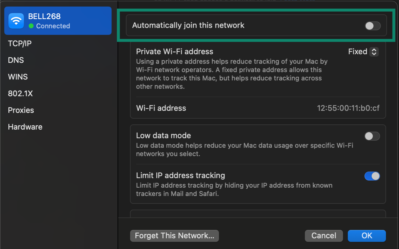 Wi-Fi settings on Mac showing the option to disable "Automatically join this network" for added security.
