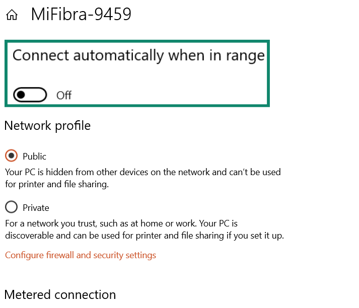Windows screen showing how to toggle off Connect automatically when in range.