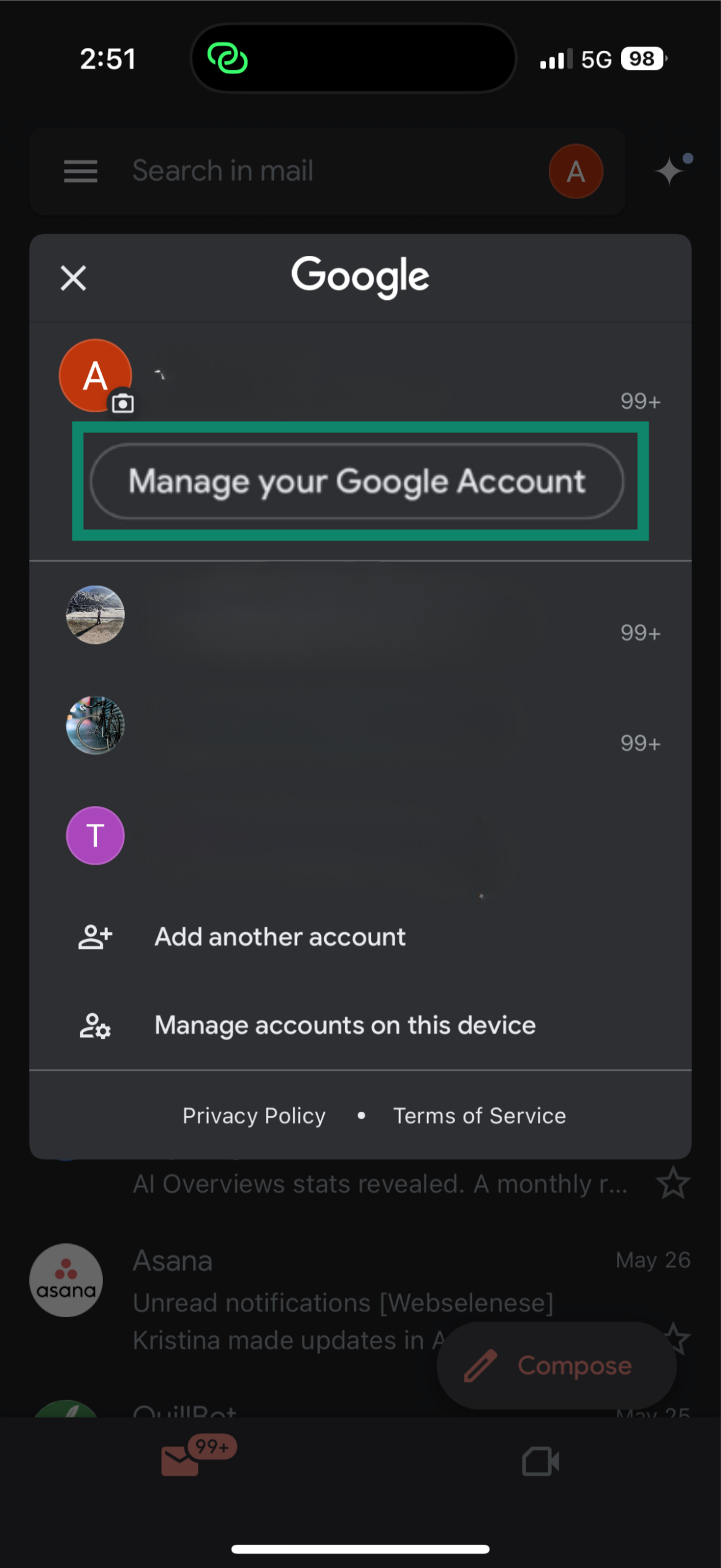 Gmail app on iPhone with Manage your Google Account option highlighted.