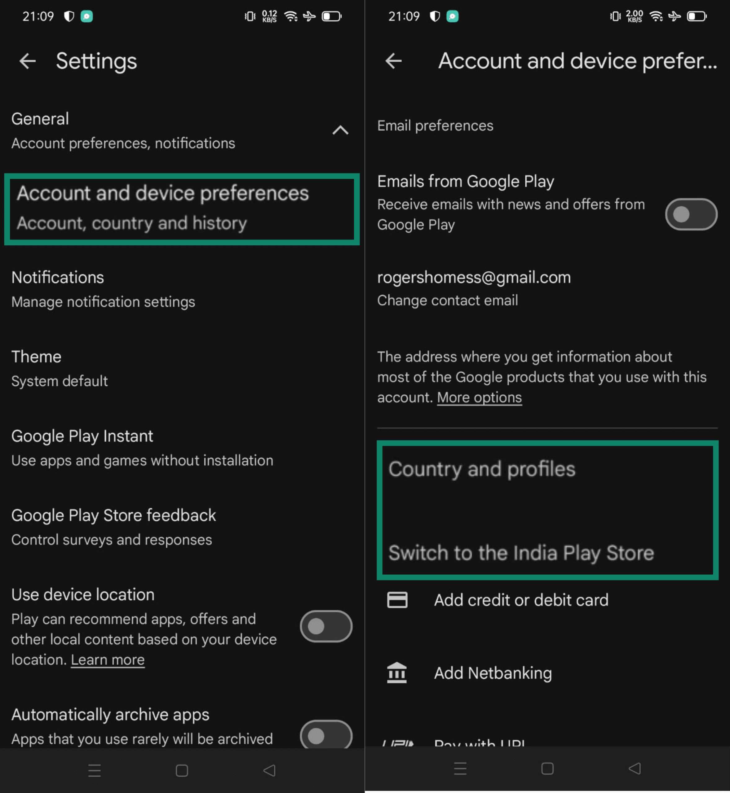 Google account Settings menu with Account and device preferences option highlighted (left) and Google Play Store Country and profiles option (right)