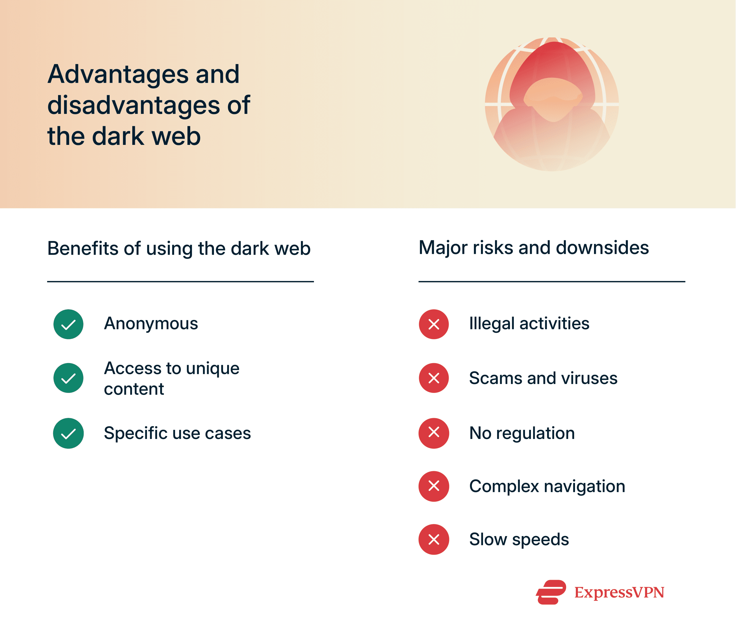 Infographic showing the benefits and risks of using the dark web.