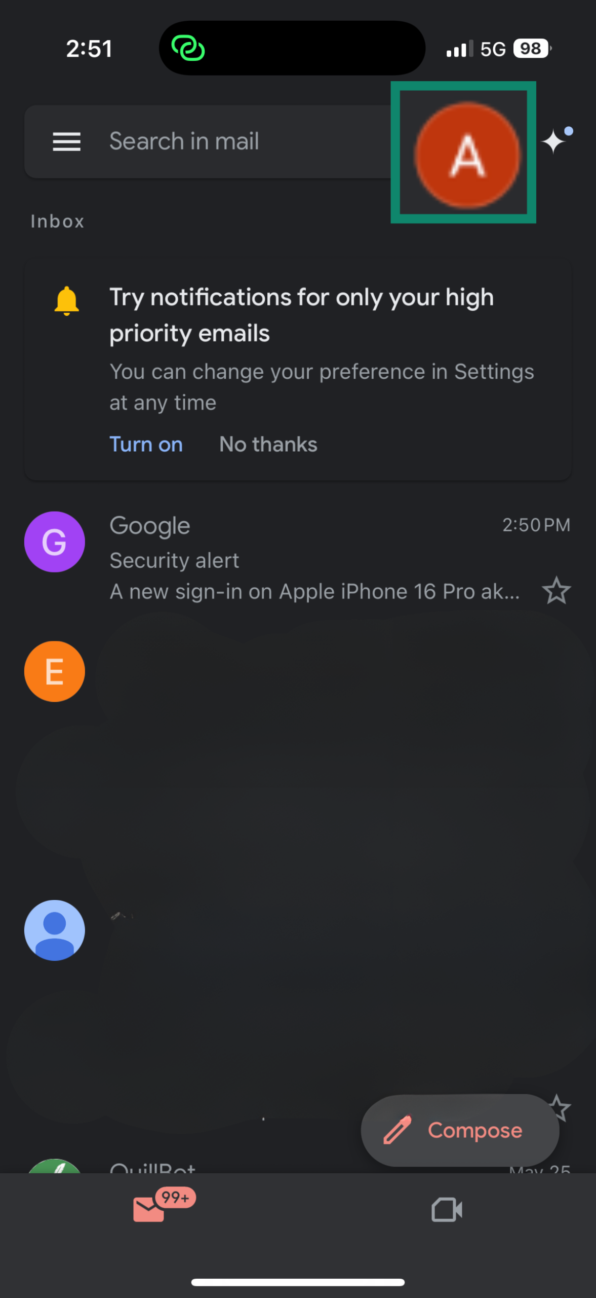 Gmail app interface on iPhone showing user profile icon in the top right corner.