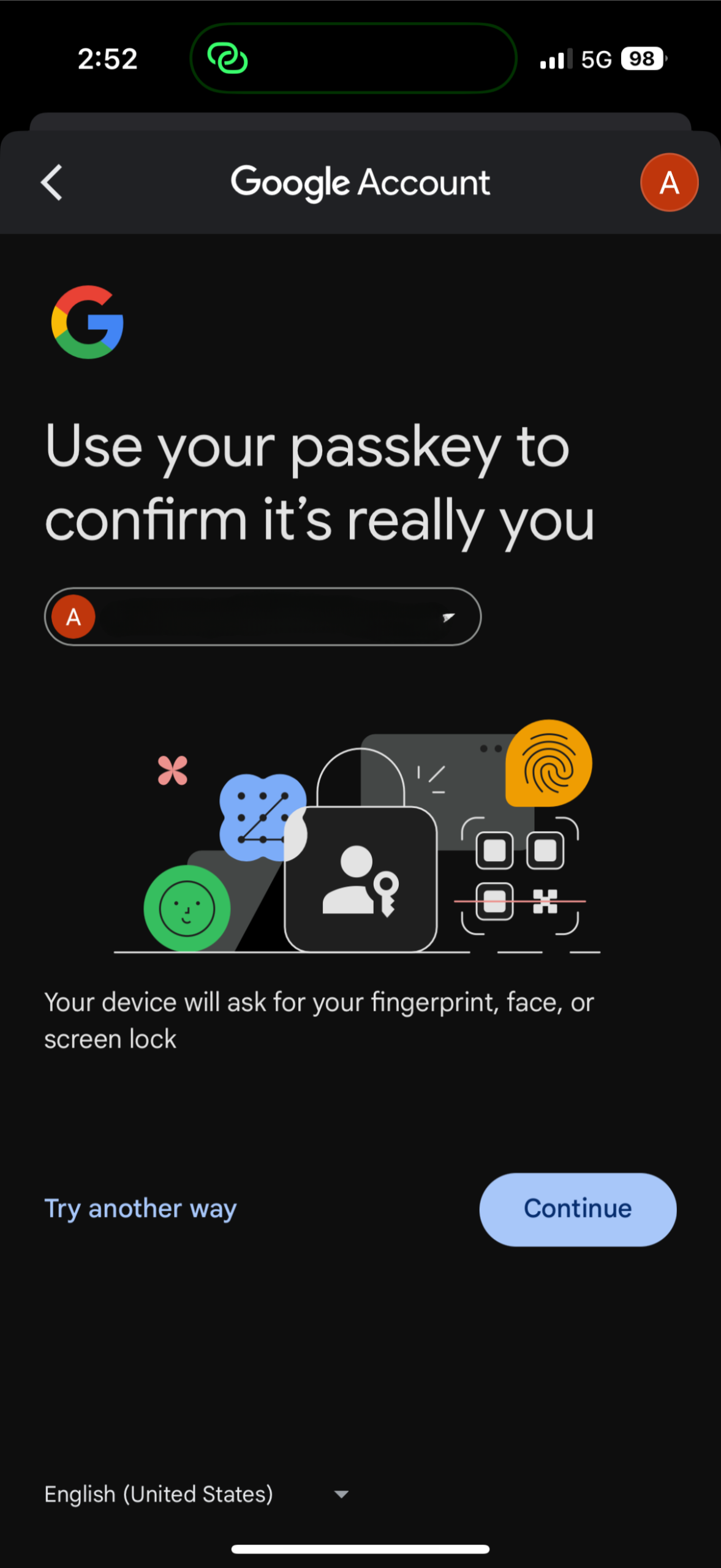 Google passkey screen prompting biometric verification on an iPhone.