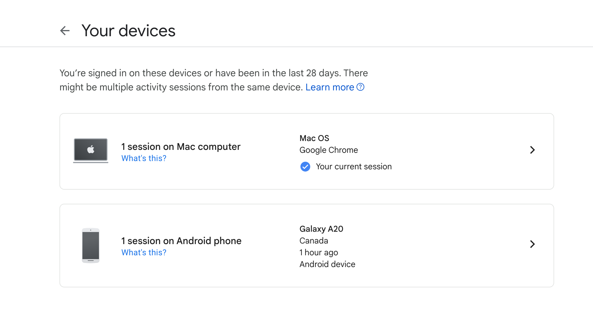 Screen showing device sessions in Google.