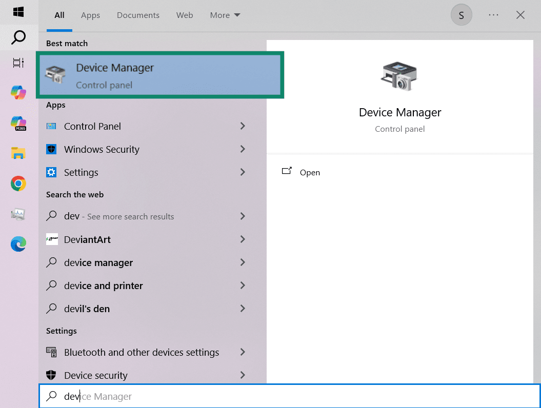 The Windows Start Menu, with Device Manager highlighted.