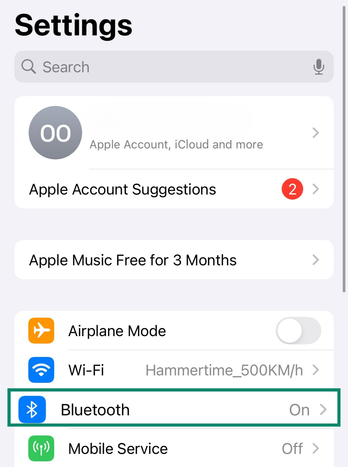 Screenshot of Bluetooth settings turned on in iOS device settings menu.