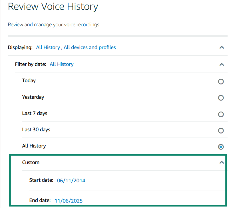 Choosing specific dates to delete Alexa voice recordings from.