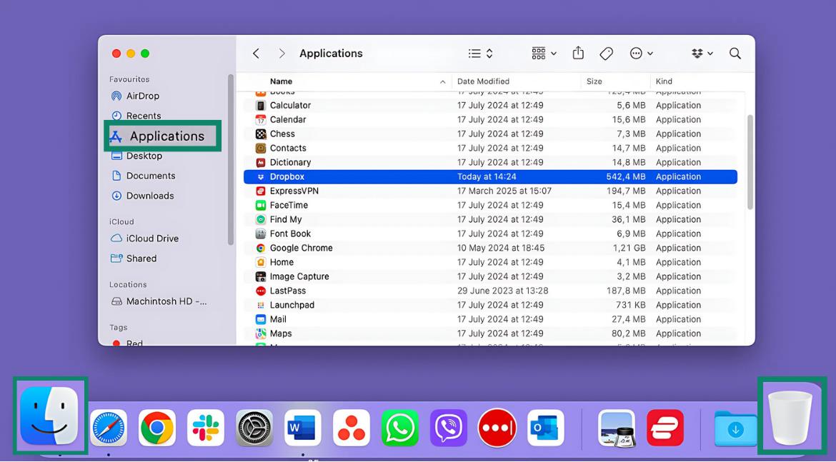 A screenshot of Mac desktop with the Finder and Recycle bin icons highlighted and the Applications window open with Dropbox selected from the list of installed apps