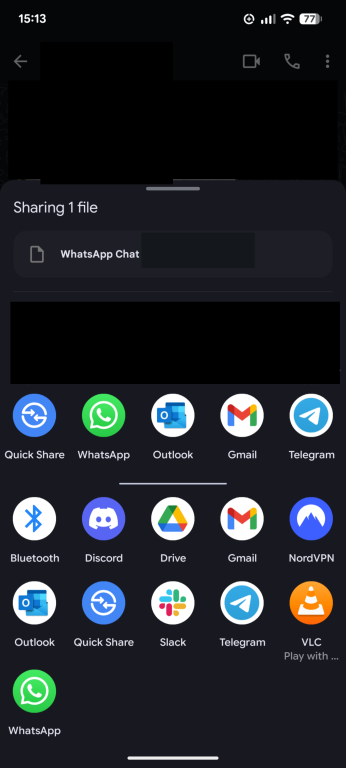 A screenshot of the WhatsApp app, showing an array of possible apps to use when exporting and saving chat files.