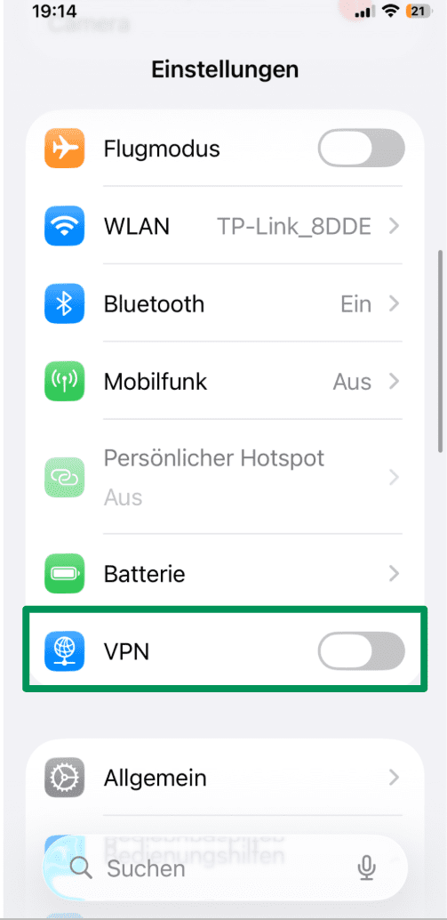 iOS settings menu with the VPN option highlighted