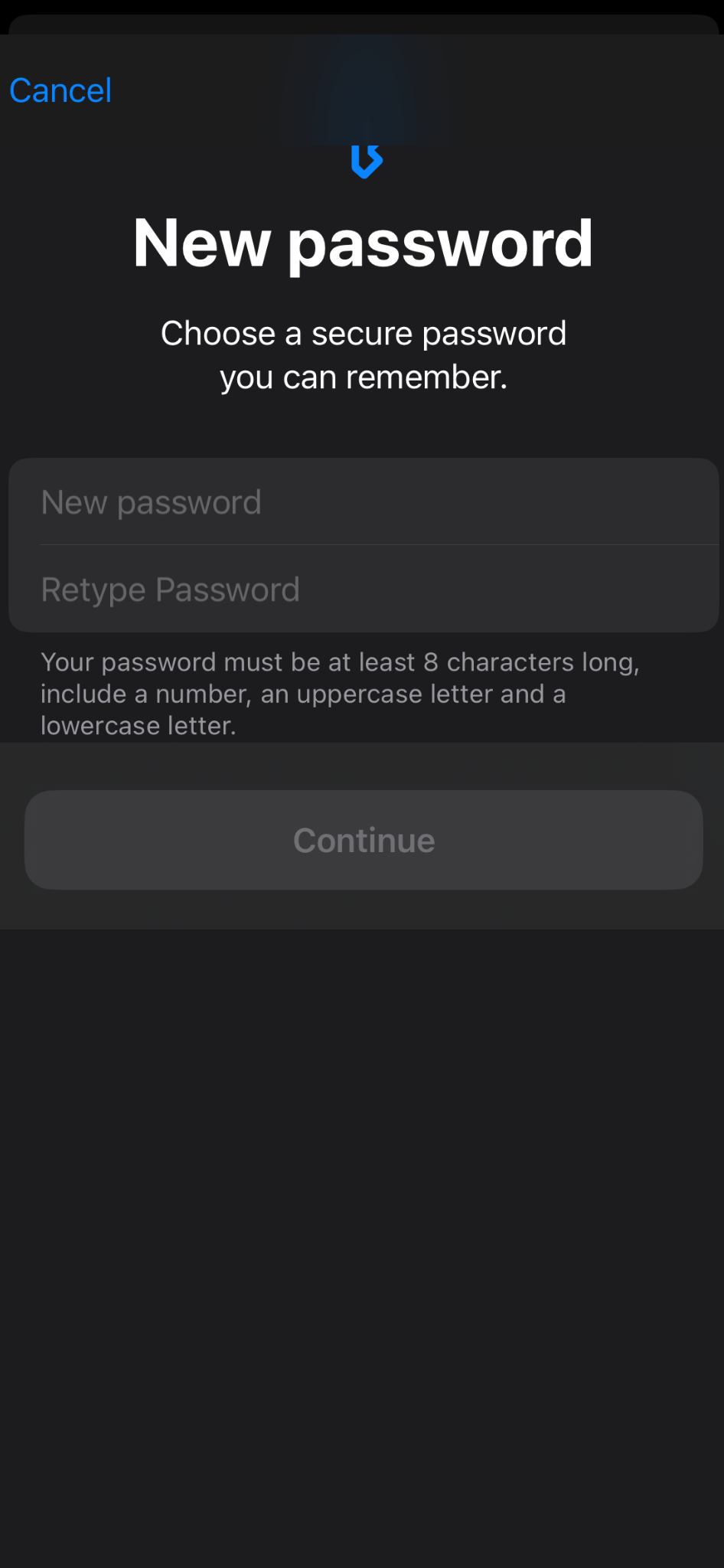 New password screen with instructions on password requirements