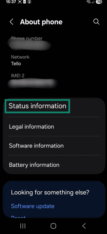 The About phone page on an Android with Status information highlighted.