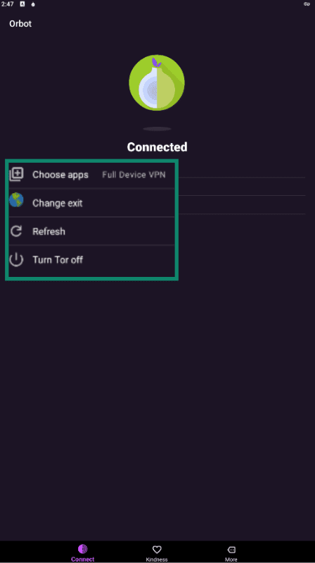 The Orbot app, showing the options you can take once connected.
