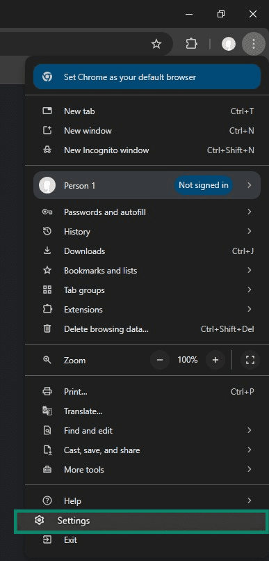 Chrome browser menu with Settings button highlighted.